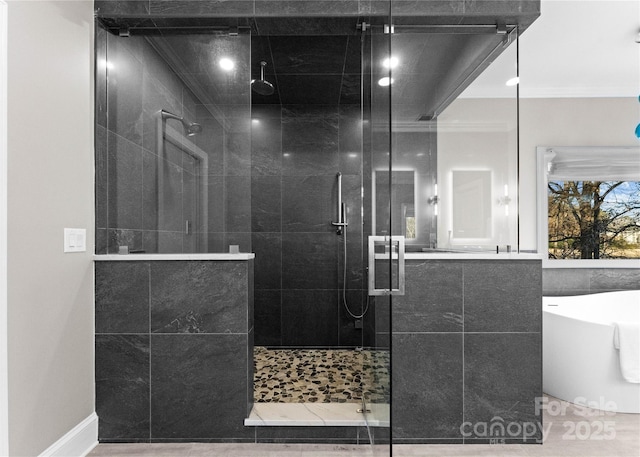 bathroom with separate shower and tub and ornamental molding