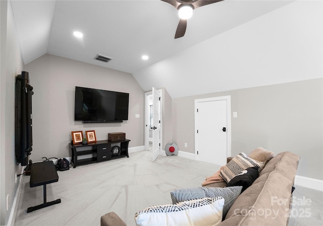 carpeted living room featuring vaulted ceiling and ceiling fan