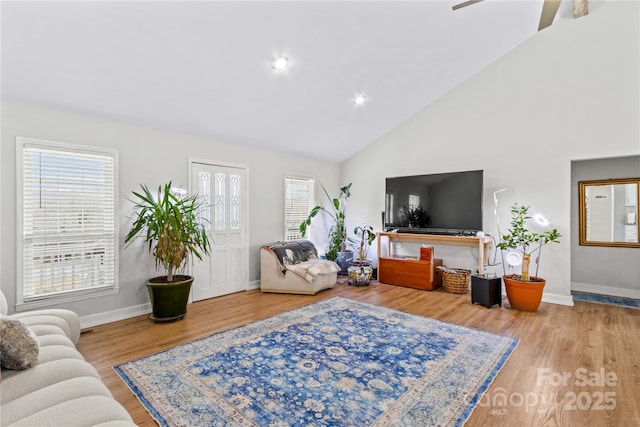 living room featuring hardwood / wood-style flooring and high vaulted ceiling