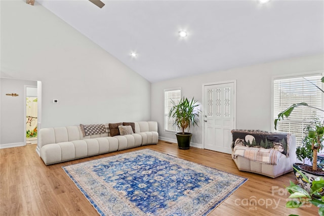 living room featuring light hardwood / wood-style flooring, high vaulted ceiling, and a healthy amount of sunlight