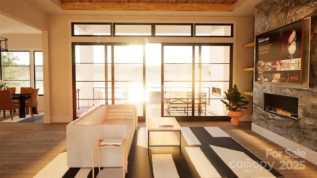 living room featuring wood-type flooring, a premium fireplace, and a raised ceiling