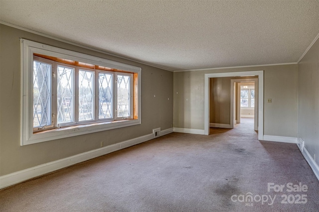 carpeted empty room featuring crown molding and a textured ceiling