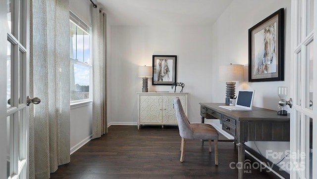 office with french doors and dark hardwood / wood-style flooring