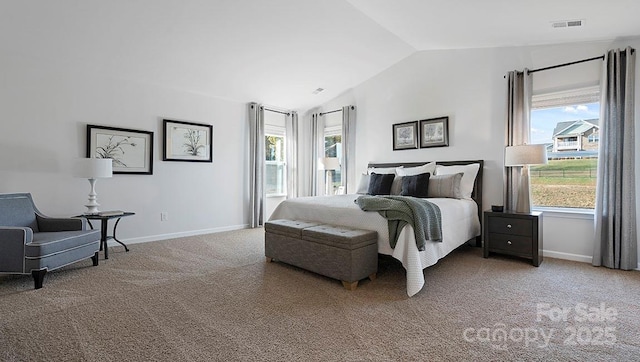 bedroom with carpet flooring, lofted ceiling, and multiple windows