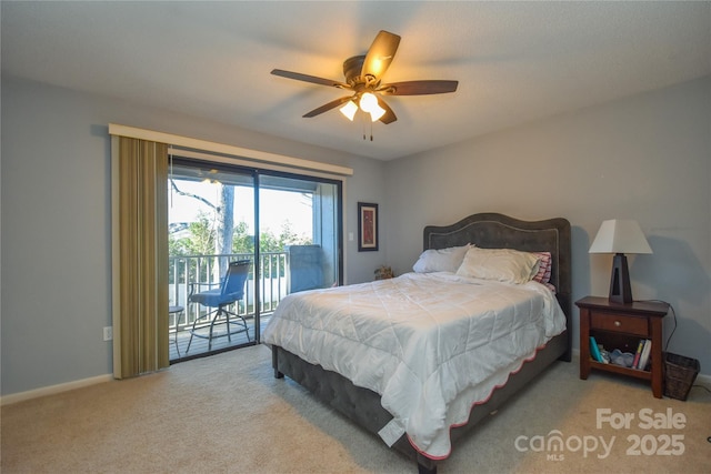 bedroom featuring ceiling fan, access to outside, and light carpet