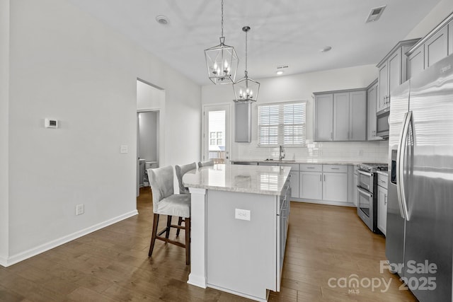 kitchen with a kitchen bar, sink, decorative light fixtures, a kitchen island, and stainless steel appliances