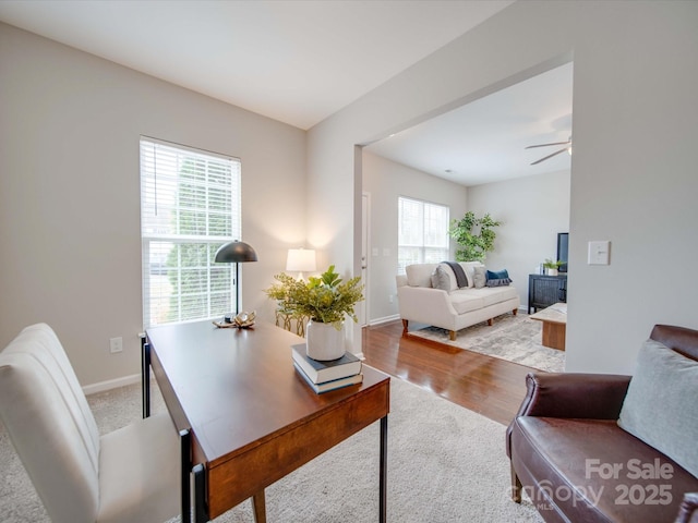 office area featuring a healthy amount of sunlight, light wood-type flooring, and ceiling fan