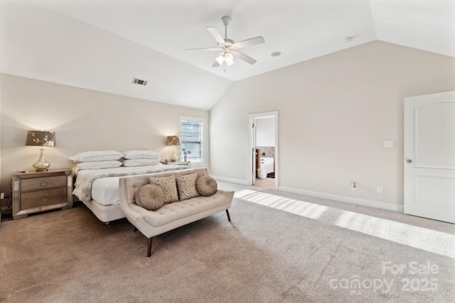 bedroom featuring carpet floors, baseboards, visible vents, and lofted ceiling