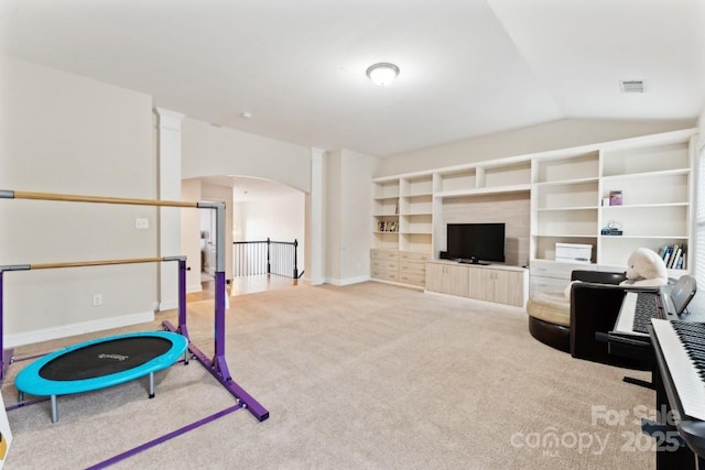 workout area with baseboards, arched walkways, lofted ceiling, carpet floors, and built in shelves