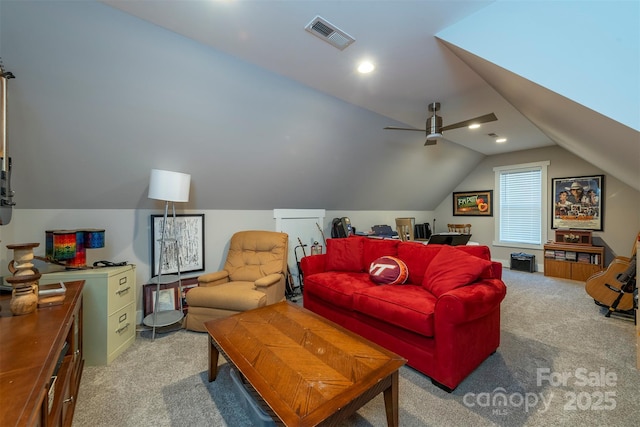 carpeted living room with vaulted ceiling and ceiling fan