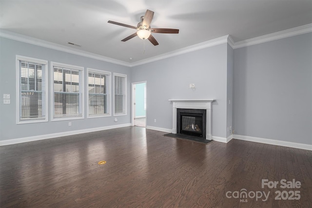 unfurnished living room featuring ceiling fan, ornamental molding, and dark hardwood / wood-style floors