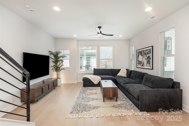 5048 York Park Ln, Charlotte, NC 28217 - living area with light wood-style flooring, recessed lighting, stairs, visible vents, and a ceiling fan