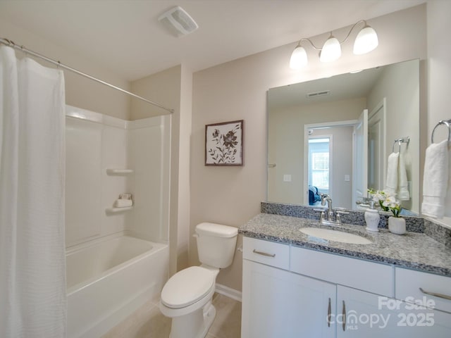 full bathroom featuring vanity, toilet, and shower / bathtub combination with curtain