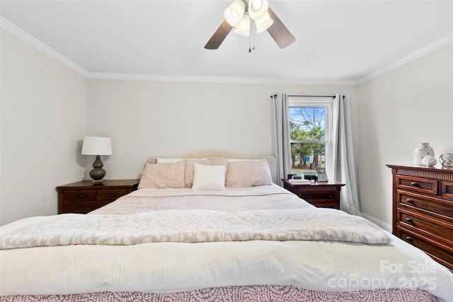 bedroom featuring crown molding and ceiling fan