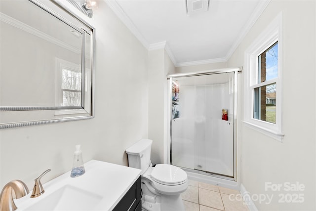 bathroom with crown molding, a healthy amount of sunlight, a shower with shower door, and tile patterned flooring