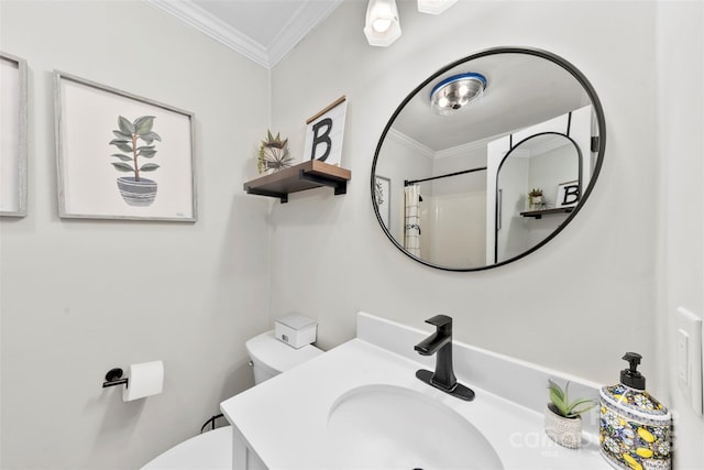 bathroom with crown molding, vanity, toilet, and walk in shower