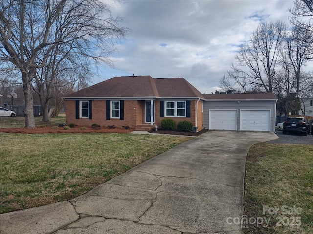 single story home featuring a garage and a front lawn