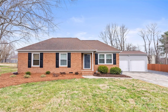 single story home featuring a garage and a front lawn