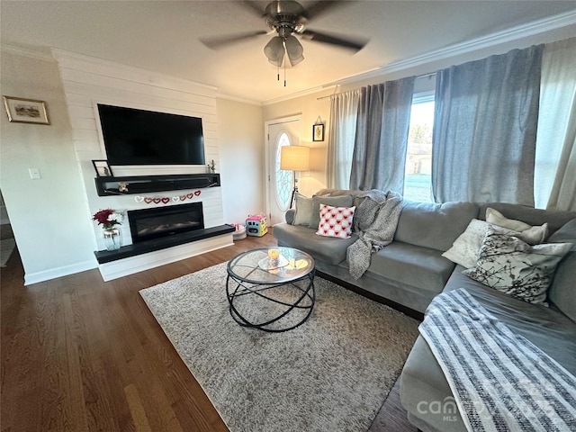 living room featuring crown molding, a fireplace, dark hardwood / wood-style flooring, and ceiling fan