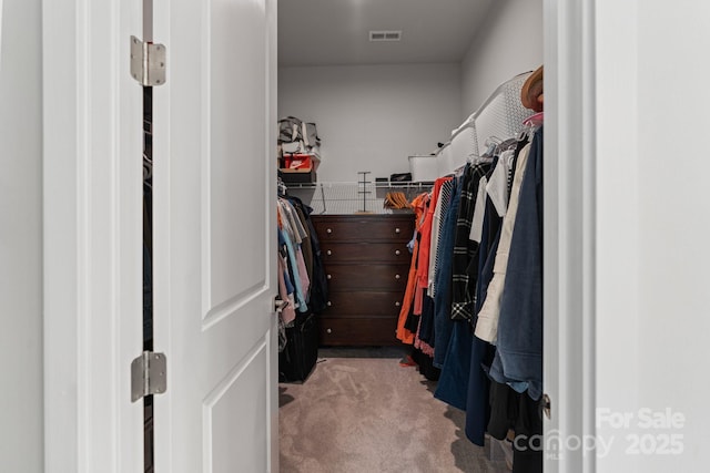 walk in closet featuring light colored carpet