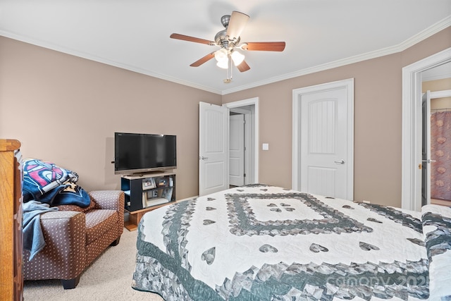 bedroom featuring crown molding, light colored carpet, and ceiling fan