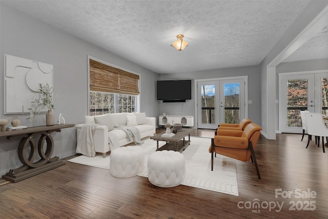 living room featuring dark hardwood / wood-style floors, french doors, and a textured ceiling