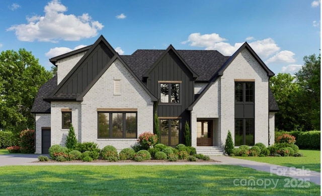 view of front of house with a front lawn, board and batten siding, a shingled roof, and brick siding