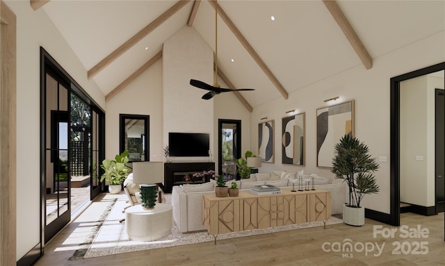 living room with a fireplace, beam ceiling, high vaulted ceiling, and light wood-type flooring