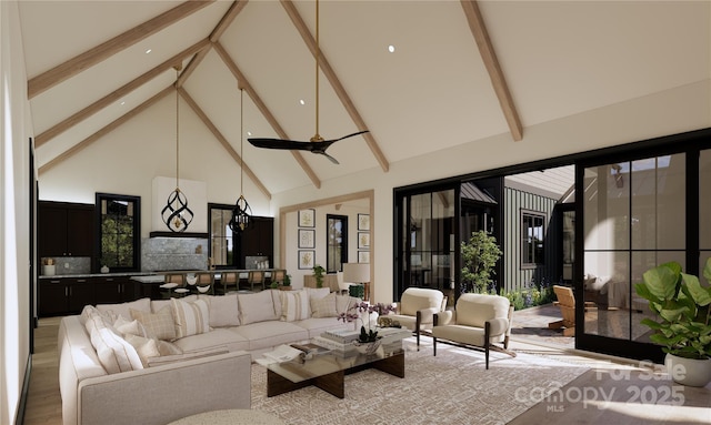 living room with beamed ceiling, ceiling fan, and high vaulted ceiling