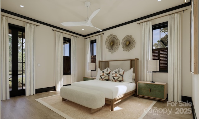 bedroom with crown molding, light hardwood / wood-style flooring, and ceiling fan