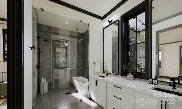 bathroom featuring vanity, tile patterned flooring, crown molding, and shower with separate bathtub