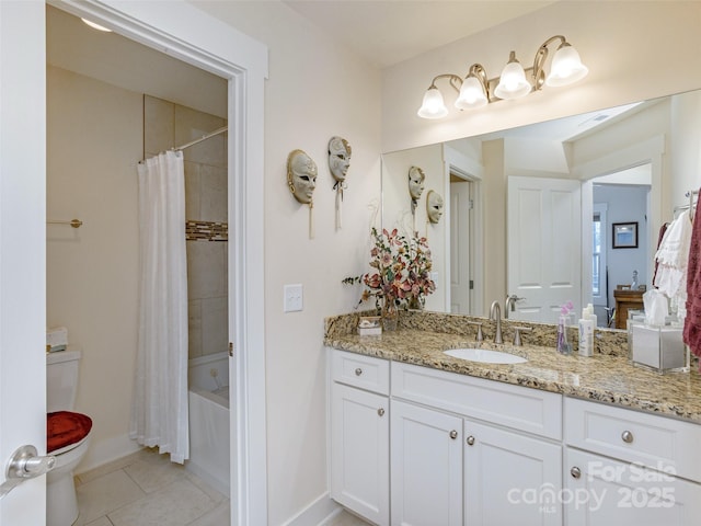 full bathroom featuring toilet, tile patterned flooring, shower / bathtub combination with curtain, and vanity