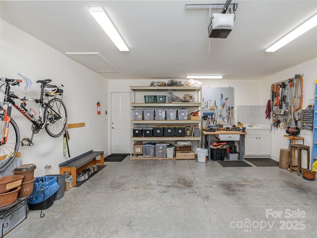 garage featuring a garage door opener, sink, and a workshop area