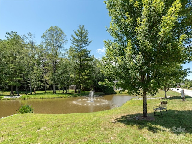 view of property's community with a water view and a lawn