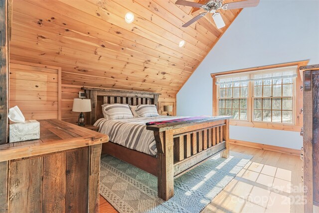 bedroom featuring lofted ceiling, wooden ceiling, and light hardwood / wood-style floors