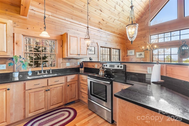 kitchen featuring hanging light fixtures, stainless steel range with electric cooktop, sink, and wood ceiling