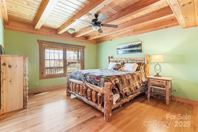 bedroom featuring beam ceiling, ceiling fan, light wood-type flooring, and wood ceiling