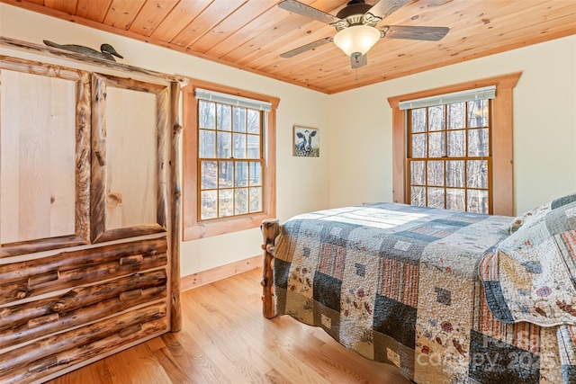 bedroom featuring wooden ceiling, ceiling fan, and light hardwood / wood-style flooring