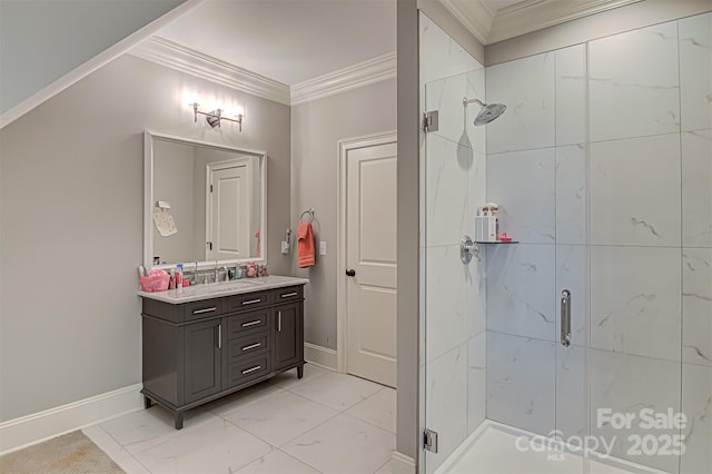 bathroom featuring vanity, crown molding, and walk in shower