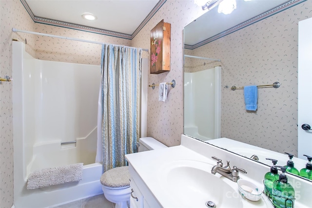 full bathroom featuring toilet, vanity, ornamental molding, shower / bath combination with curtain, and wallpapered walls