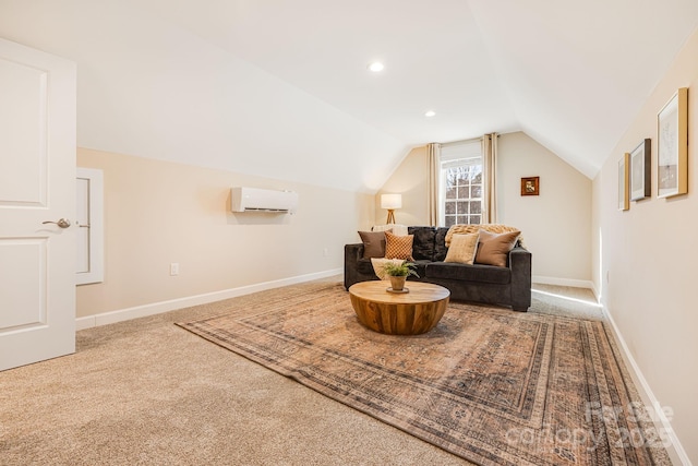 living area featuring lofted ceiling, a wall mounted air conditioner, and carpet