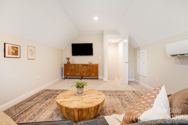 living room with vaulted ceiling, light carpet, and an AC wall unit