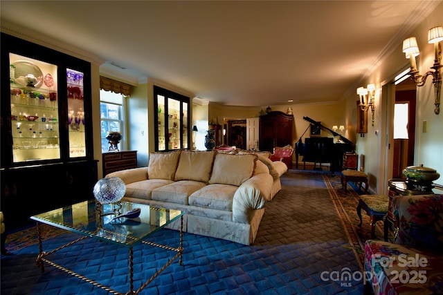 living area with brick floor and crown molding