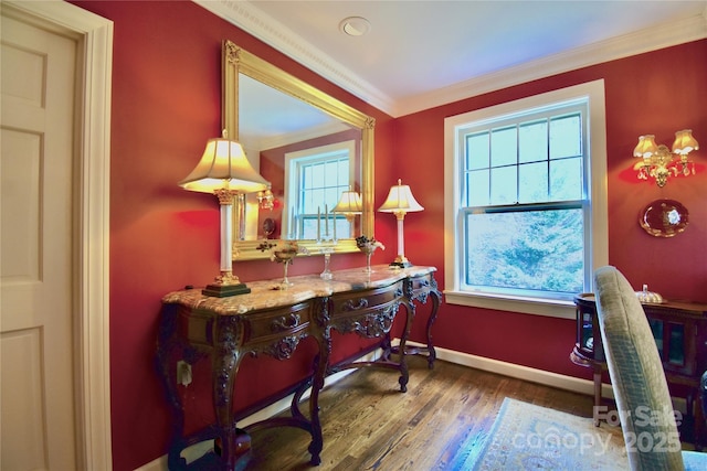 office space with baseboards, ornamental molding, and wood finished floors