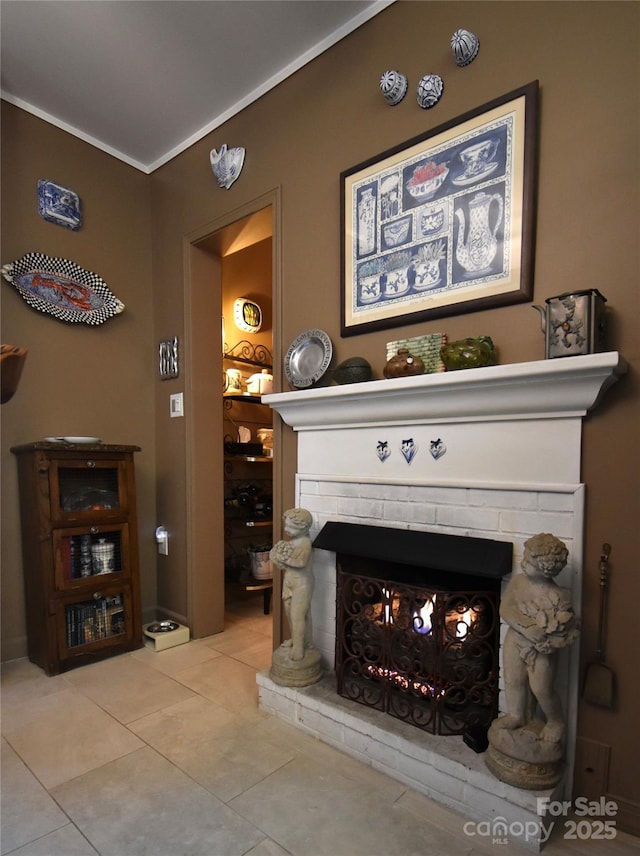 room details featuring ornamental molding and a warm lit fireplace