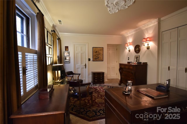 living area with ornamental molding and visible vents