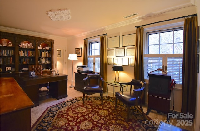 office space with carpet floors, ornamental molding, visible vents, and baseboards