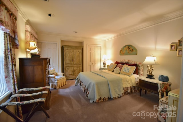 bedroom with ornamental molding, carpet flooring, and multiple closets