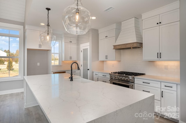 kitchen with white cabinetry, an island with sink, custom range hood, and high end stainless steel range oven