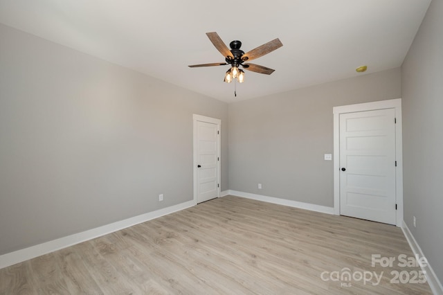 unfurnished room with ceiling fan and light hardwood / wood-style flooring